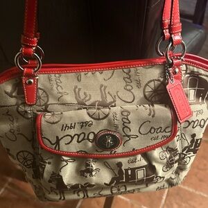 Coach Horse and Carriage Pattern Beige and Red Women's Shoulder Bag